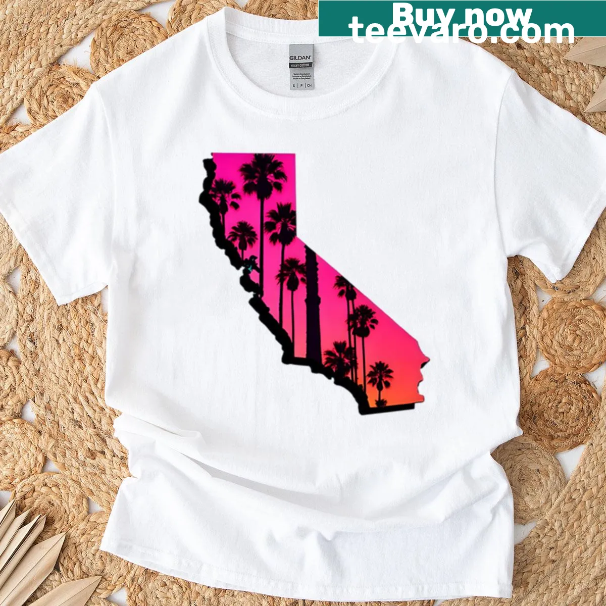 Retro palm sunset silhouette with neon colors and West Coast theme — on a men's t-shirt