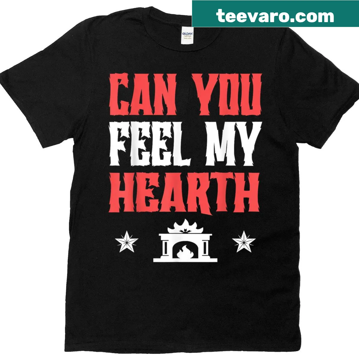 Heavy metal Christmas t-shirt with 'Can You Feel My Hearth' text — on a men's t-shirt