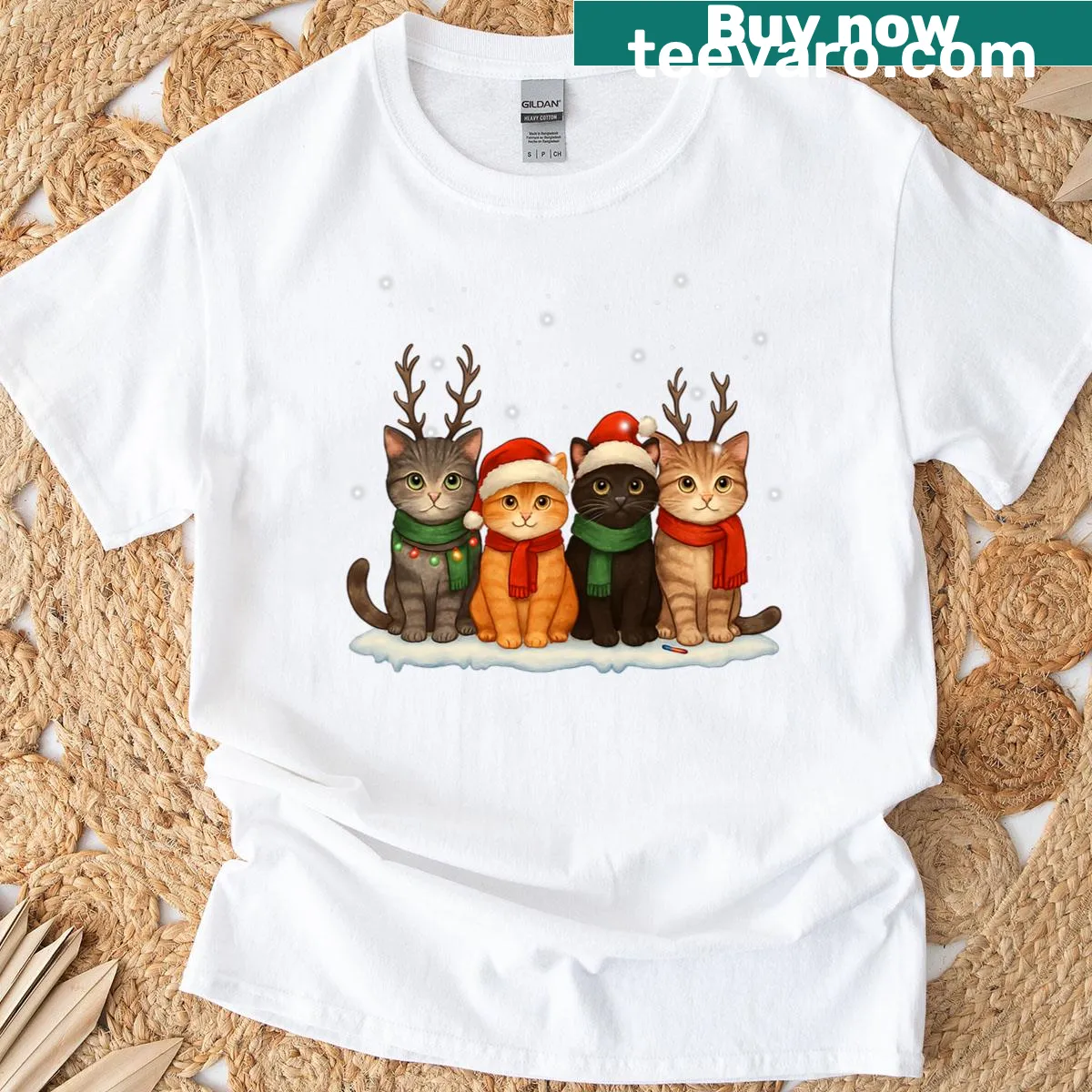 Cute Christmas design featuring a cat as a reindeer with lights — on a men's t-shirt