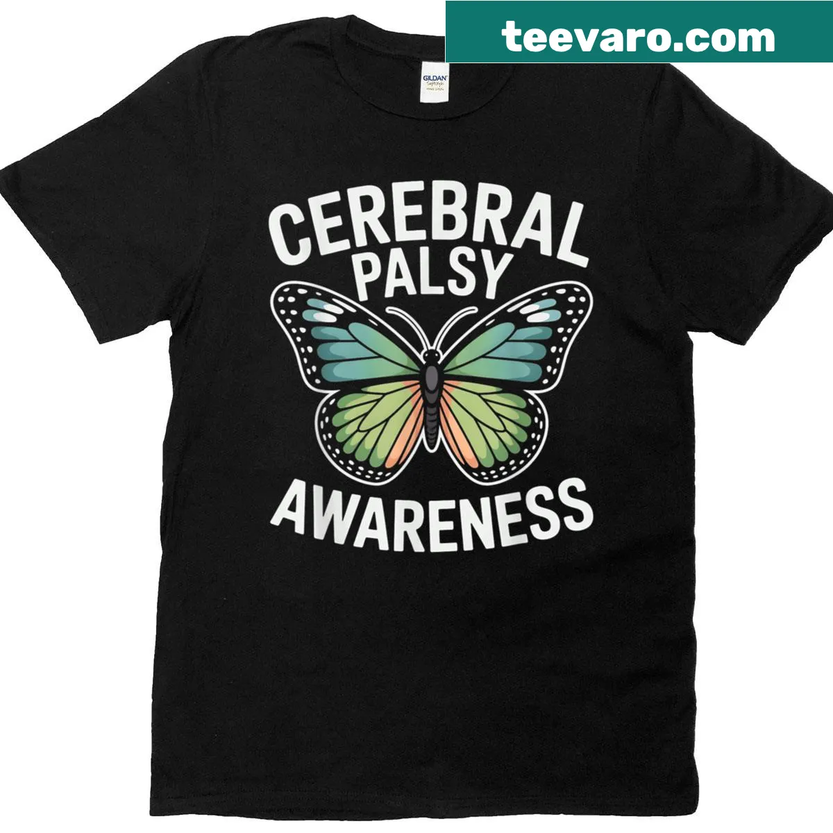 Butterfly graphic T-shirt for cerebral palsy awareness — on a men's t-shirt