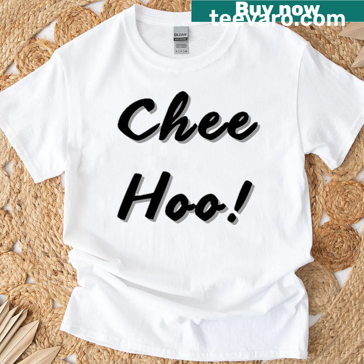 Hawaii-themed T-shirt featuring the phrase 'Chee Hoo' in soft lettering — on a men's t-shirt