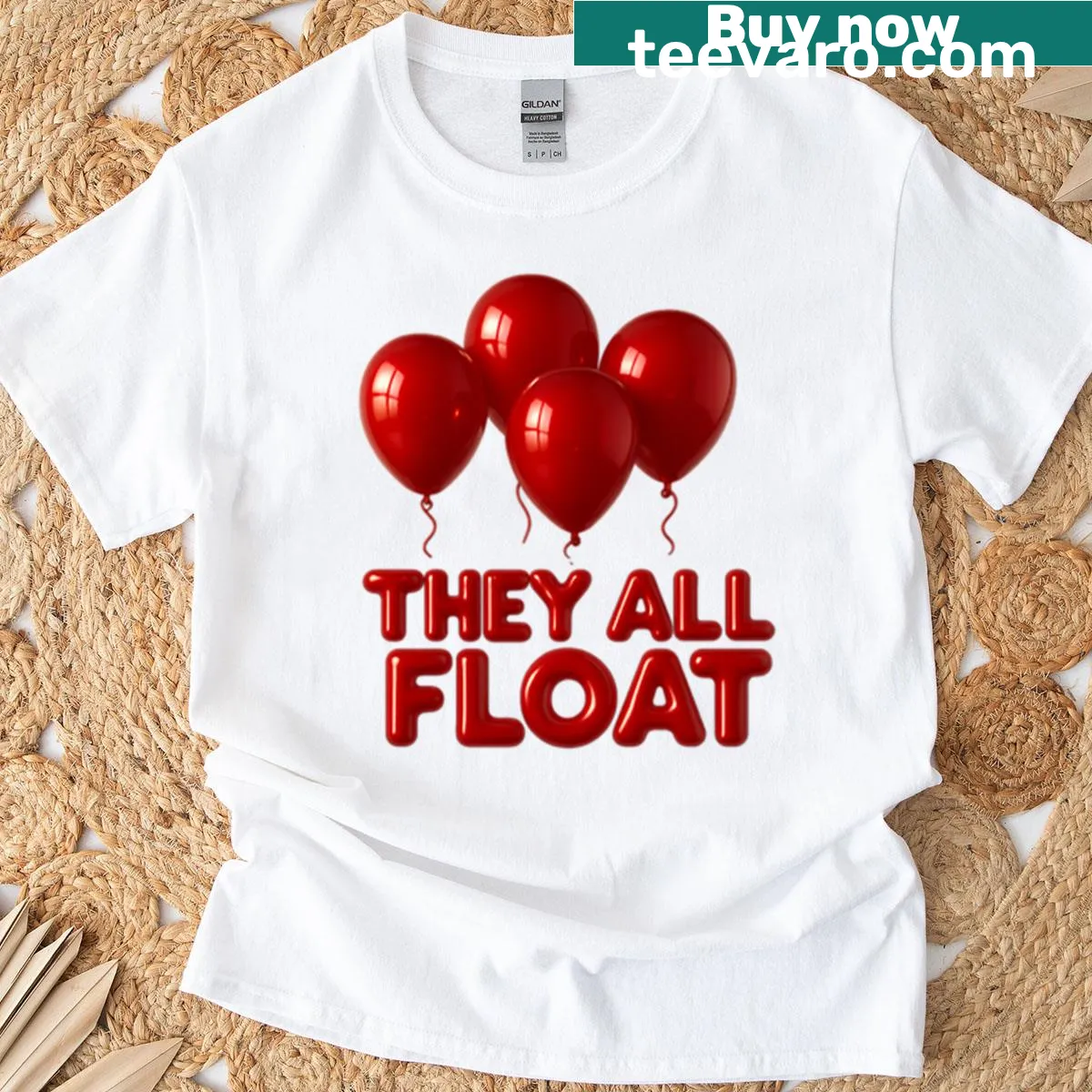 Playful T-shirt depicting floatation devices with cheerful text — on a men's t-shirt