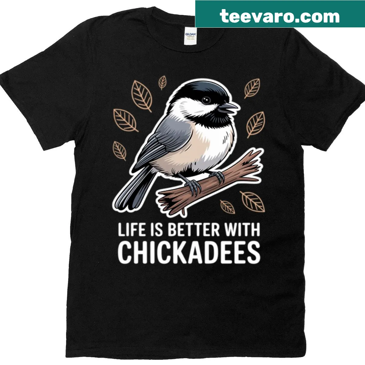 Illustration of a black-capped chickadee on a nature-themed T-shirt — on a men's t-shirt
