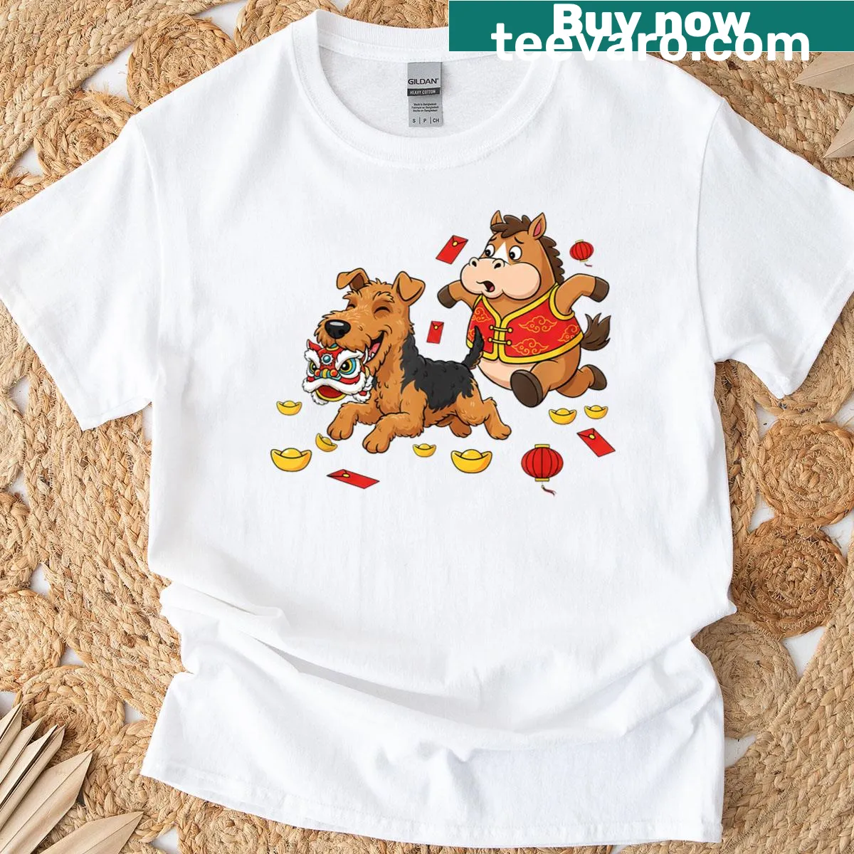 Illustration of a Chinese horse and Airedale Terrier for New Year T-shirt. — on a men's t-shirt