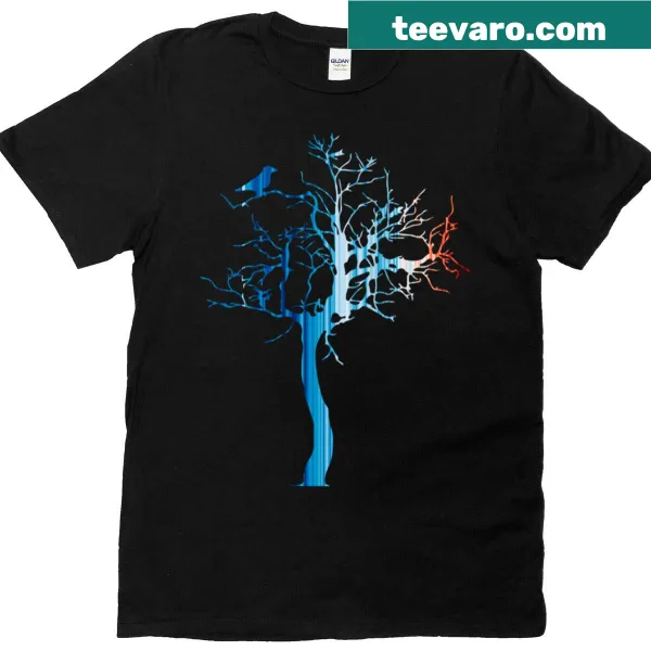 Graphic of a dying tree with a bird, featuring stripes for climate change theme