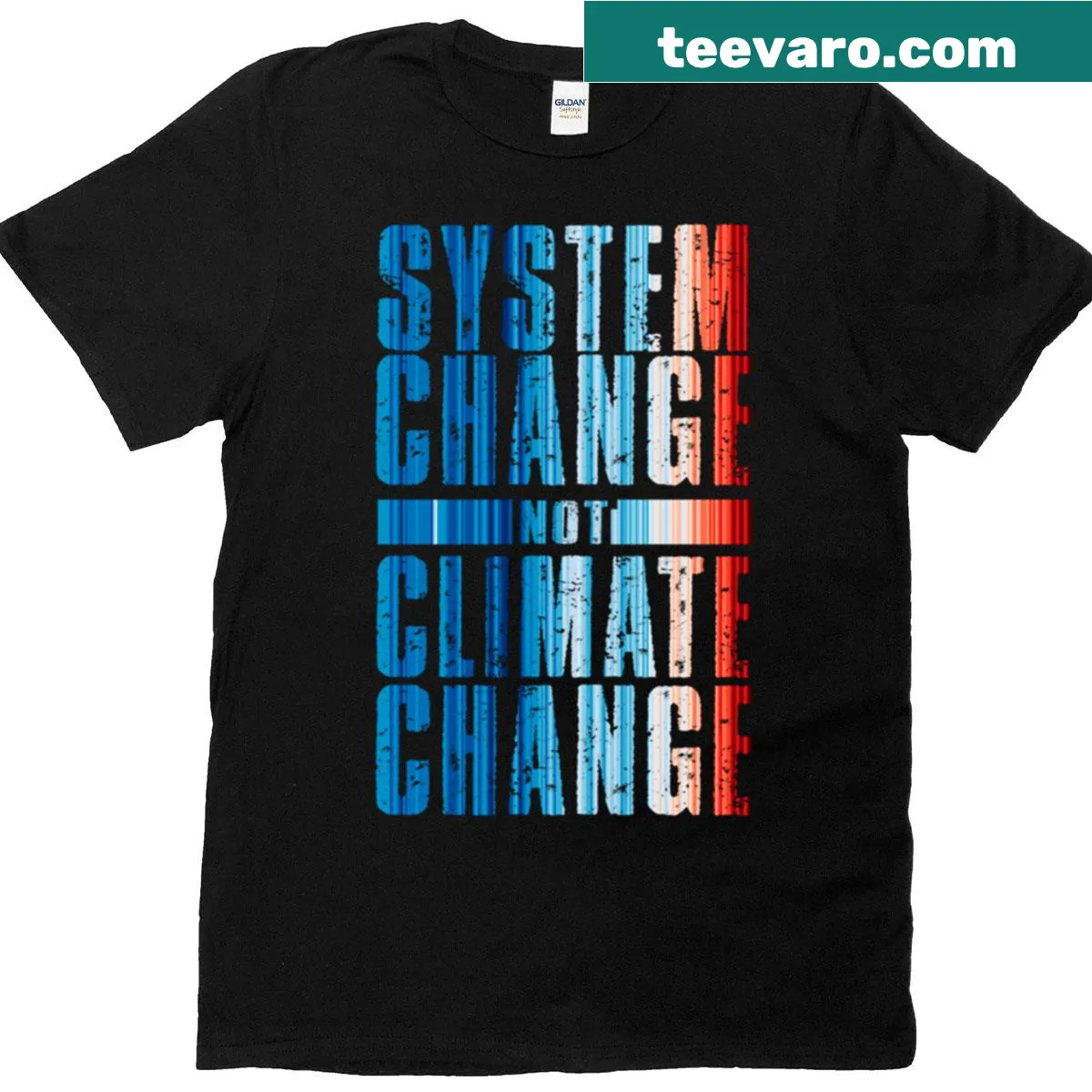 Climate change activism T-shirt with stripes and message — on a men's t-shirt