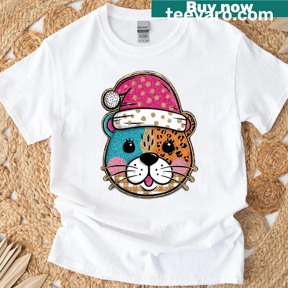 Whimsical illustration of Santa with a leopard for the holidays — on a men's t-shirt