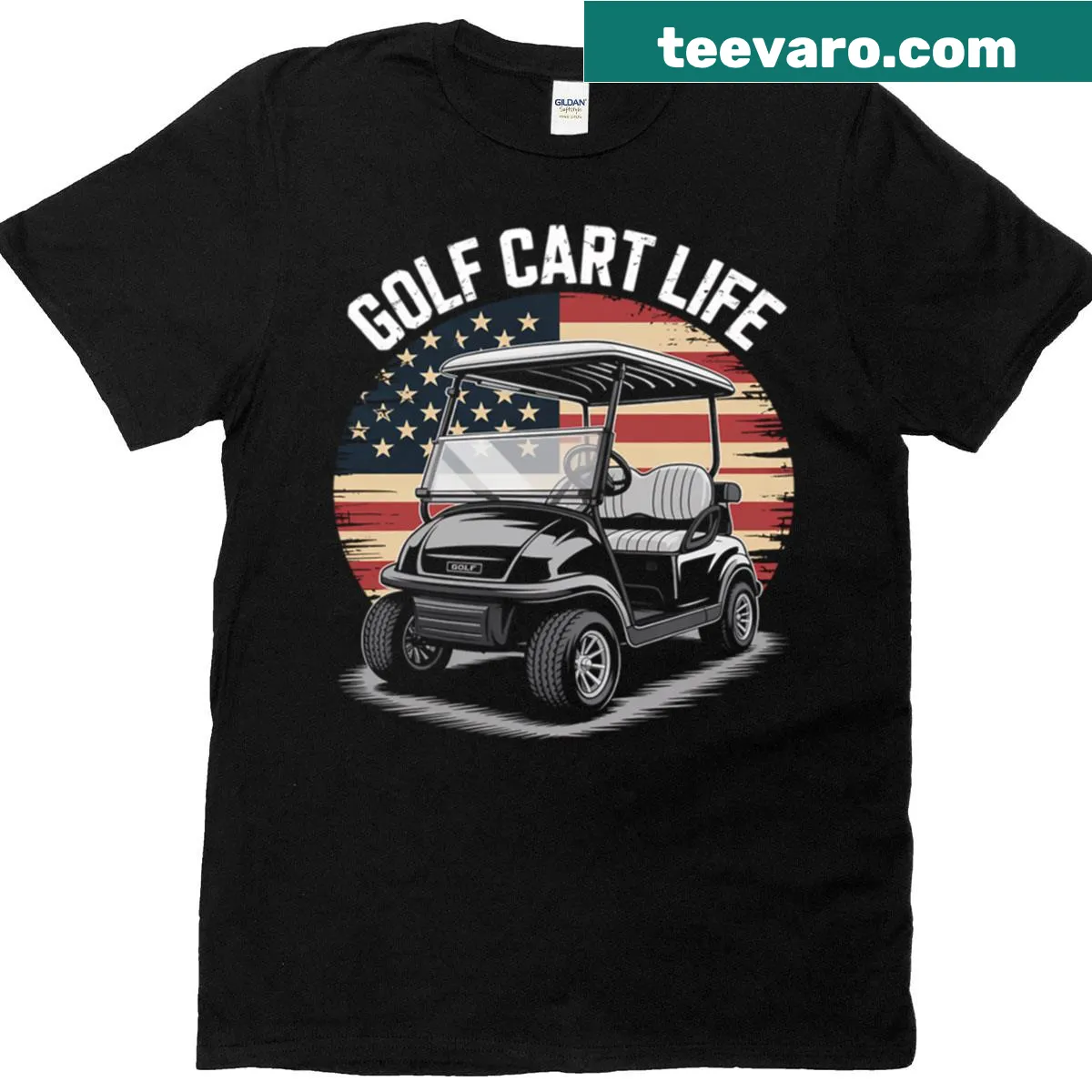 T-shirt featuring a golf cart with US flag design for golfers — on a men's t-shirt