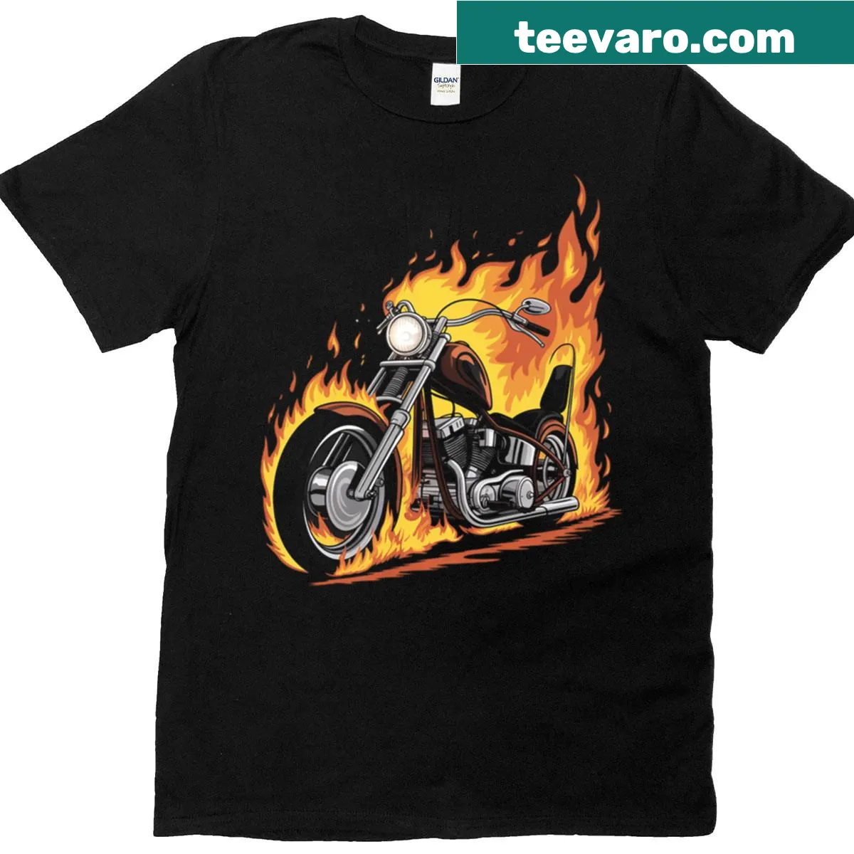 Motorbike-themed T-shirt with flames and motorcycle graphics — on a men's t-shirt