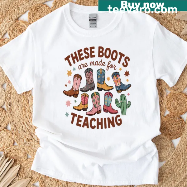 Illustration of cowboy boots with teaching phrase on a T-shirt