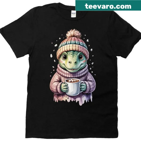 Illustration of a cozy dinosaur with a cup of hot cocoa