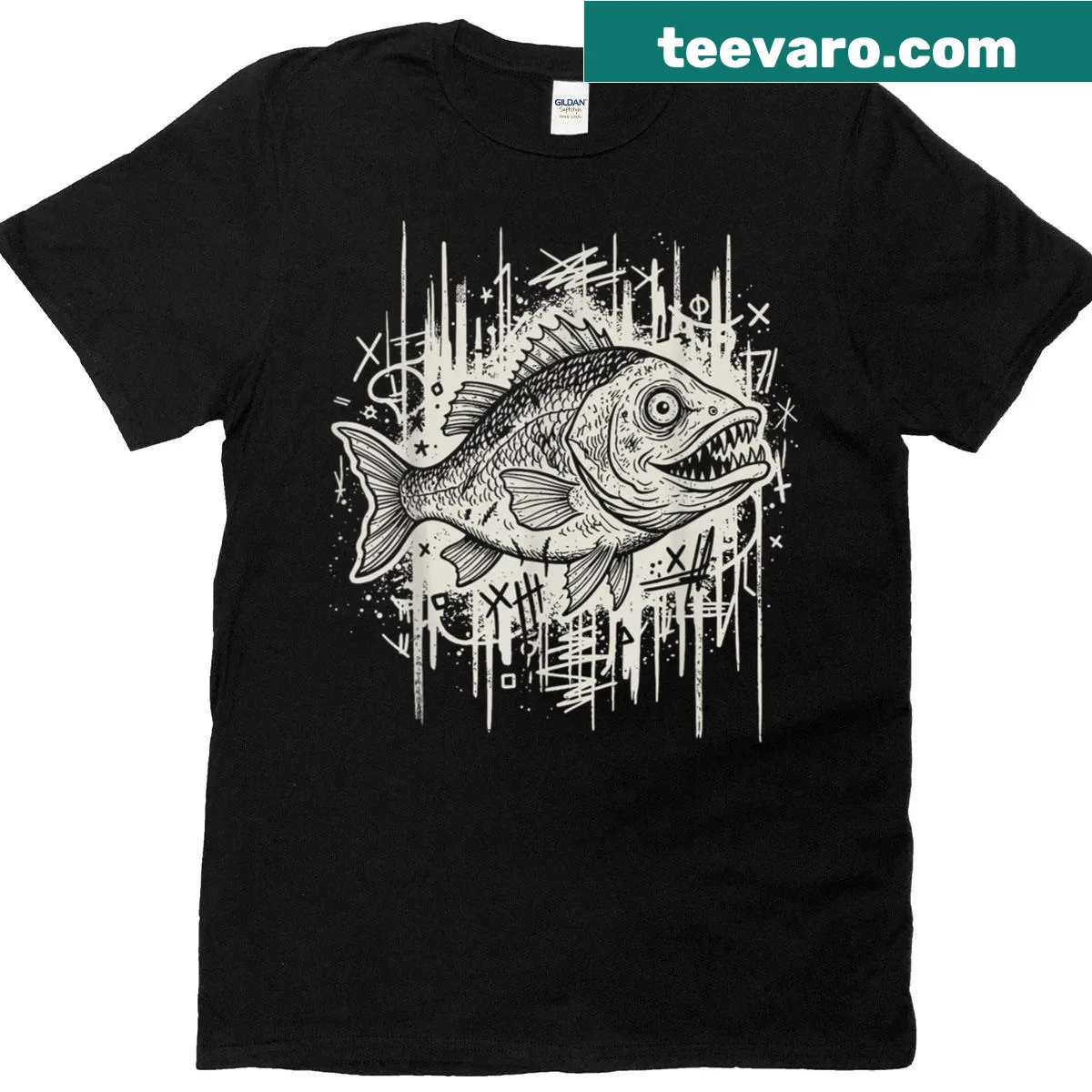 Goth fish T-shirt design with a creepy yet cute kawaii style — on a men's t-shirt