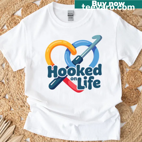 Typography pun on crochet with 'Hooked On Life'