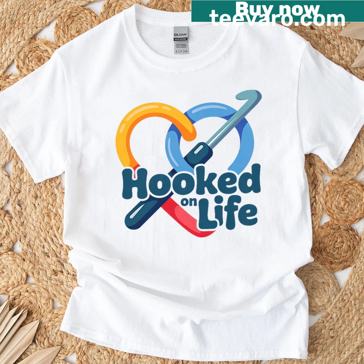 Typography pun on crochet with 'Hooked On Life' — on a men's t-shirt