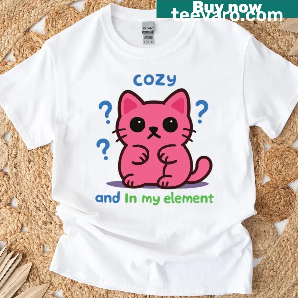 Illustration of a curious cat on a cozy T-shirt