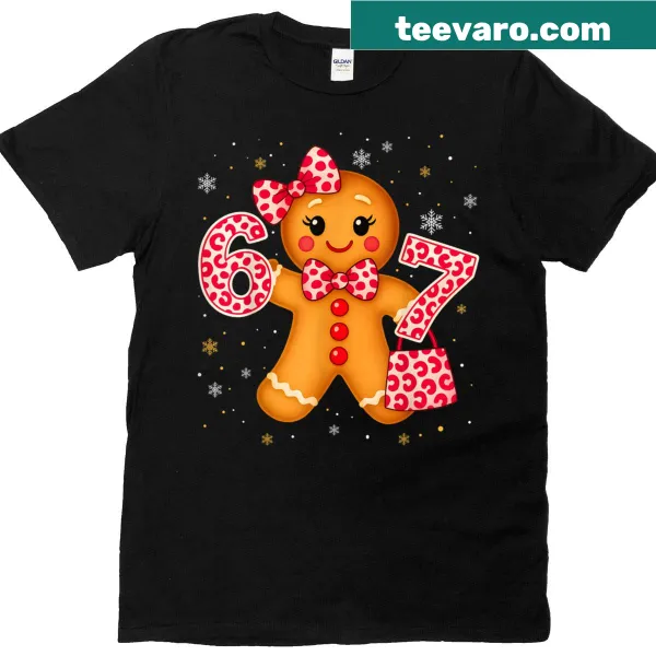 Cute Christmas T-shirt with gingerbread and leopard bow design