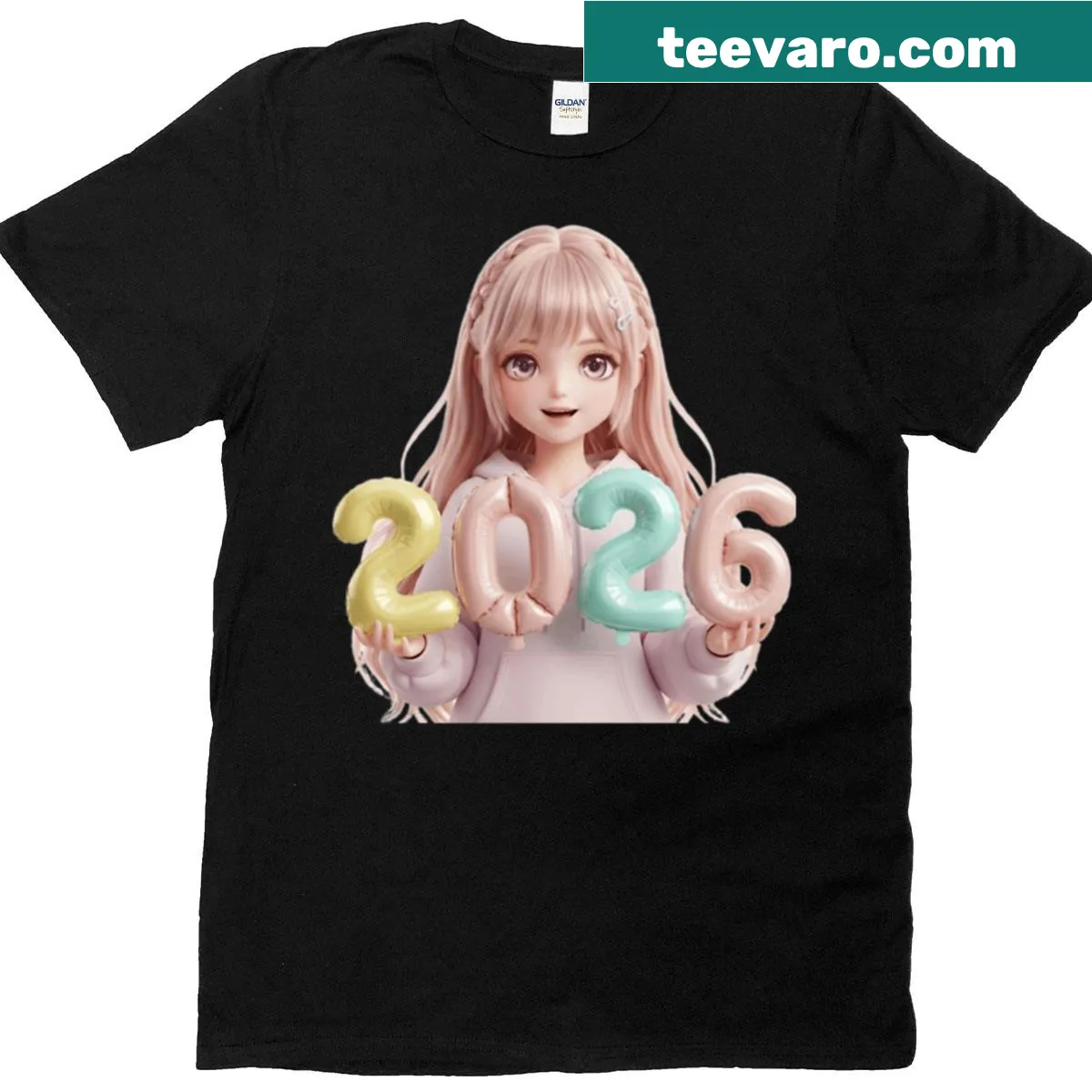 Anime girl holding balloons for New Year 2026 celebration — on a men's t-shirt
