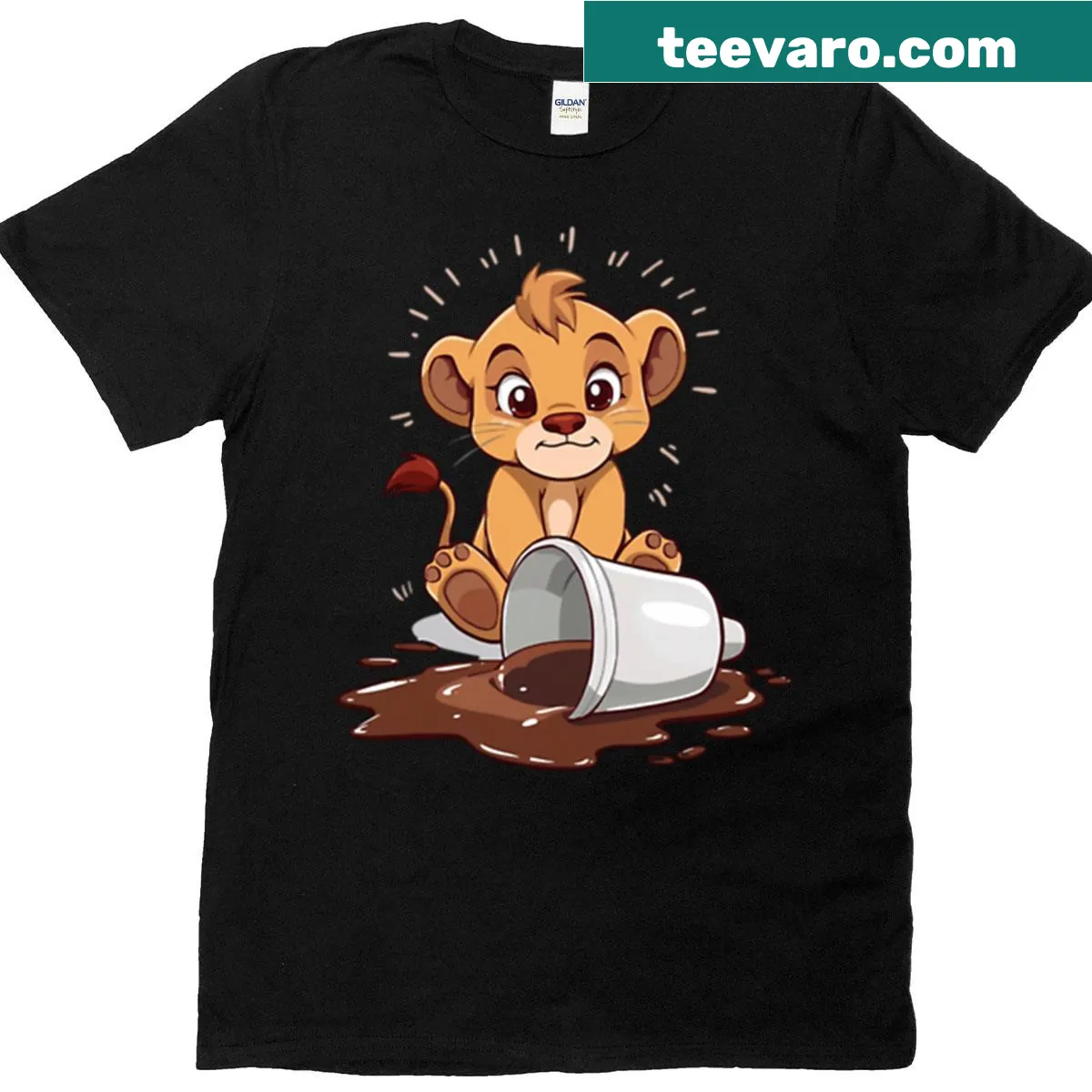 Illustrated T-shirt with a baby lion and coffee art — on a men's t-shirt