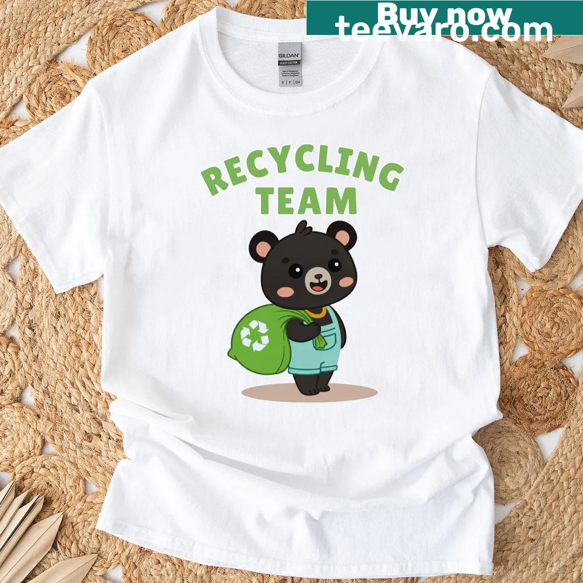 Illustration of a cute bear holding a green recycle bag — on a men's t-shirt