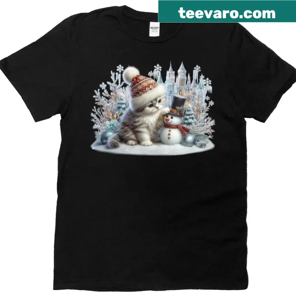 Christmas kitten with snowman T-shirt