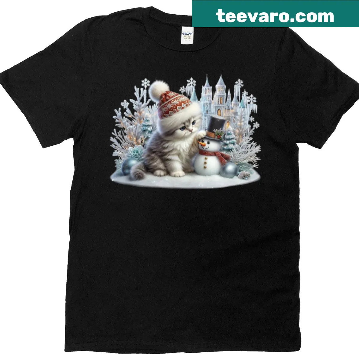 Christmas kitten with snowman T-shirt — on a men's t-shirt