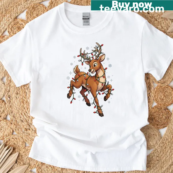 Cute reindeer with lights illustration Christmas T-shirt for families