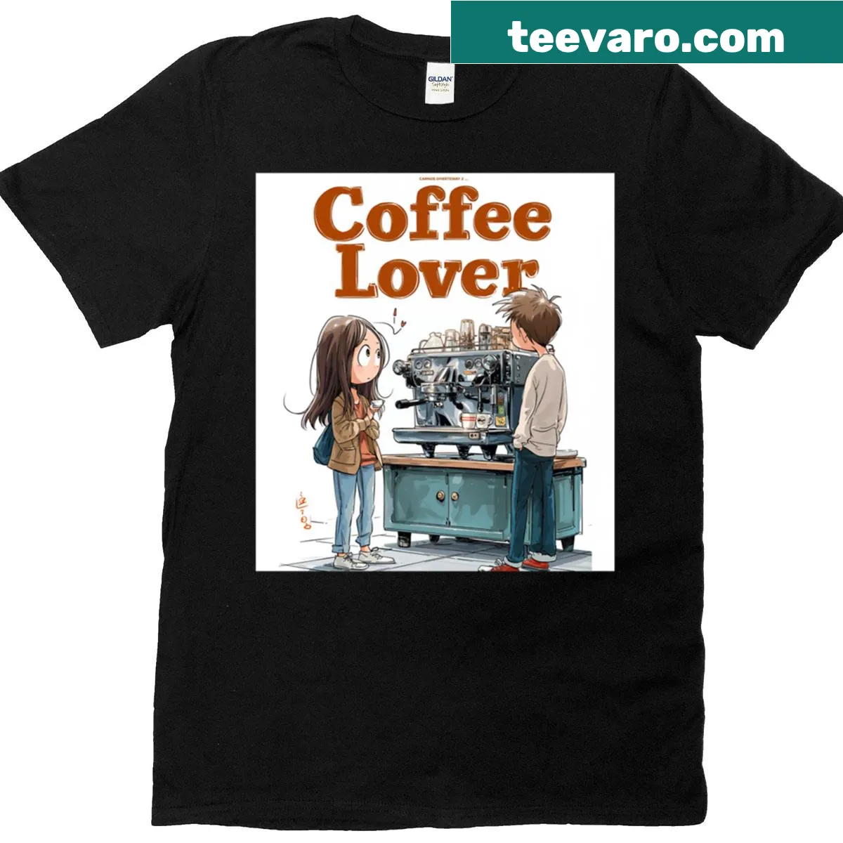 Cartoon coffee machine graphic on an adorable coffee-themed T-shirt — on a men's t-shirt