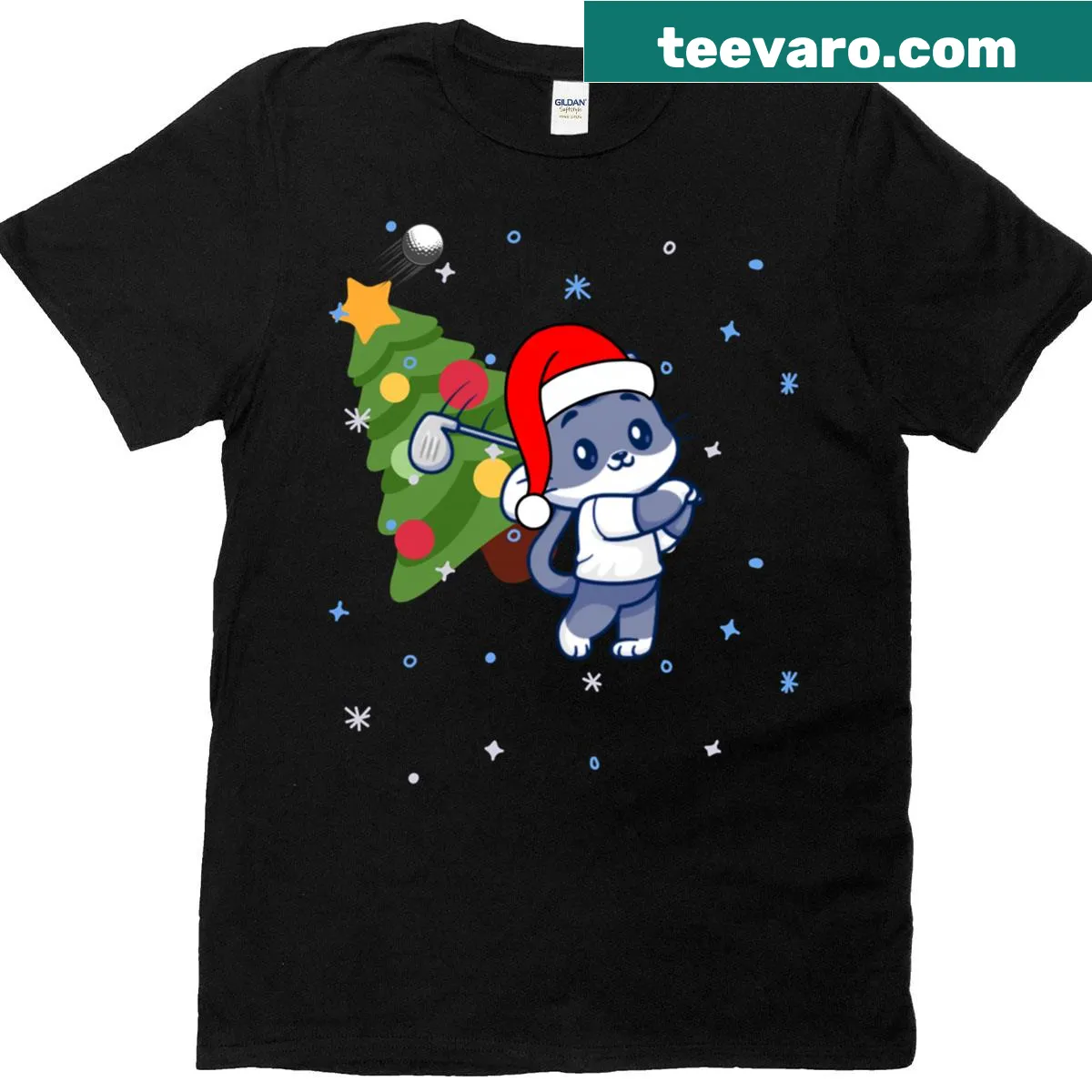 Cute winter cat t-shirt with festive golf design — on a men's t-shirt