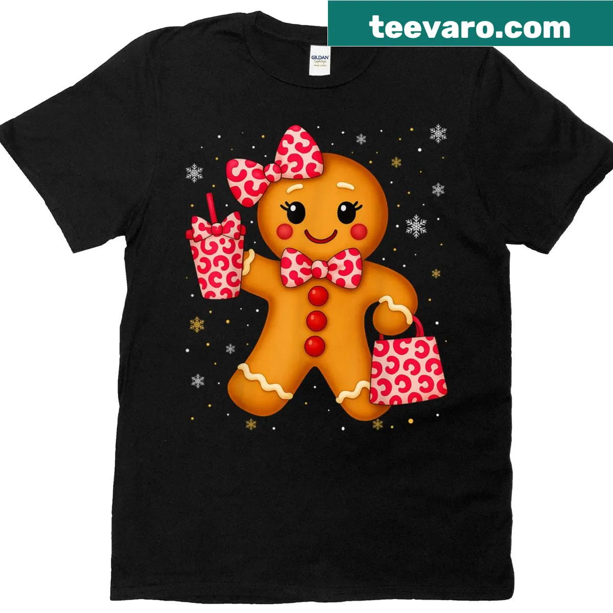 Gingerbread and leopard bow Christmas T-shirt for women — on a men's t-shirt