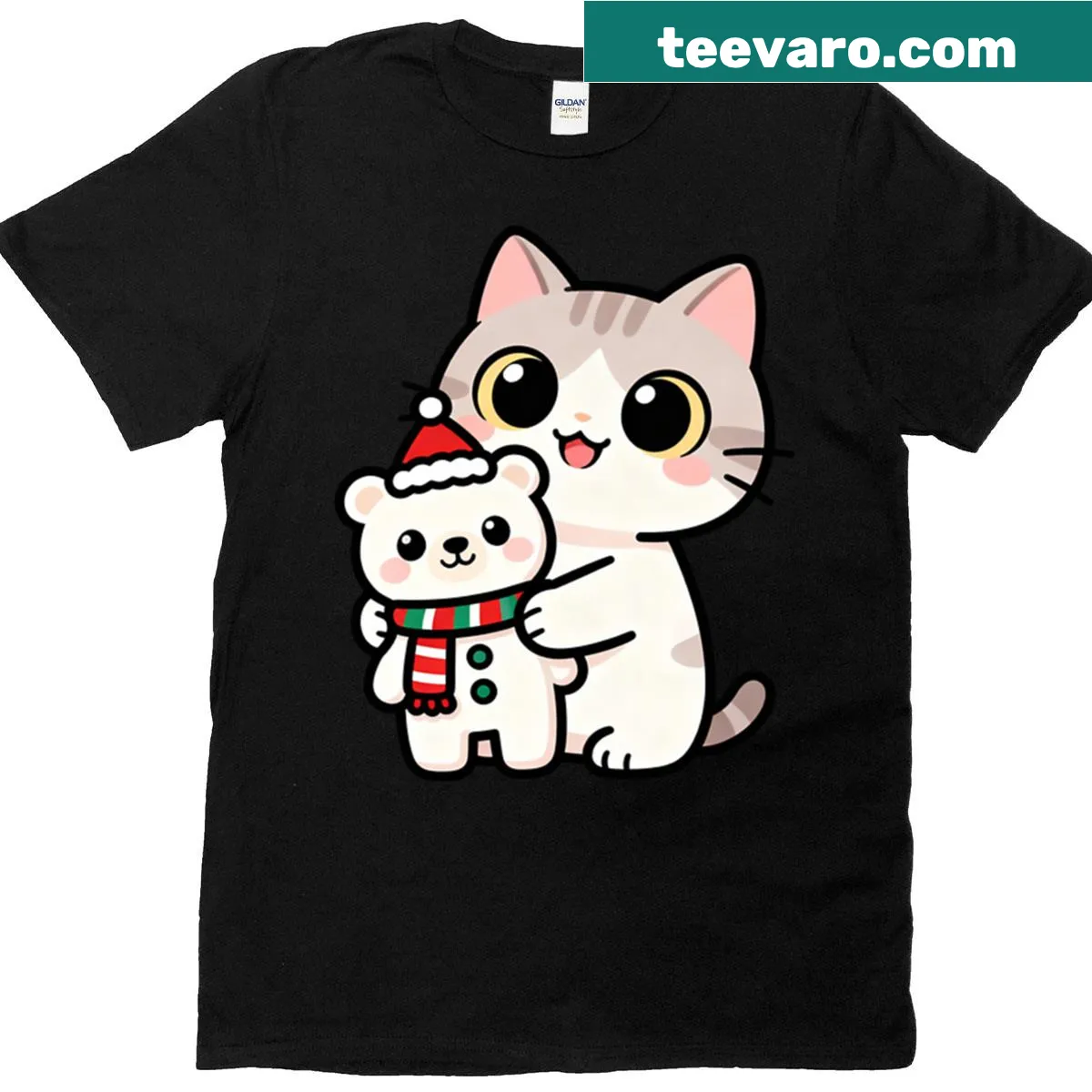 Adorable kitten hugging a polar bear graphic on a festive T-shirt — on a men's t-shirt
