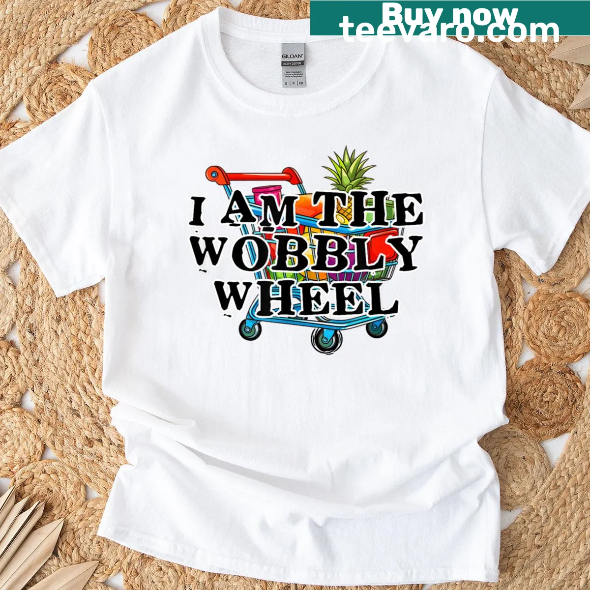 Funny graphic T-shirt with wobbly shopping cart design — on a men's t-shirt