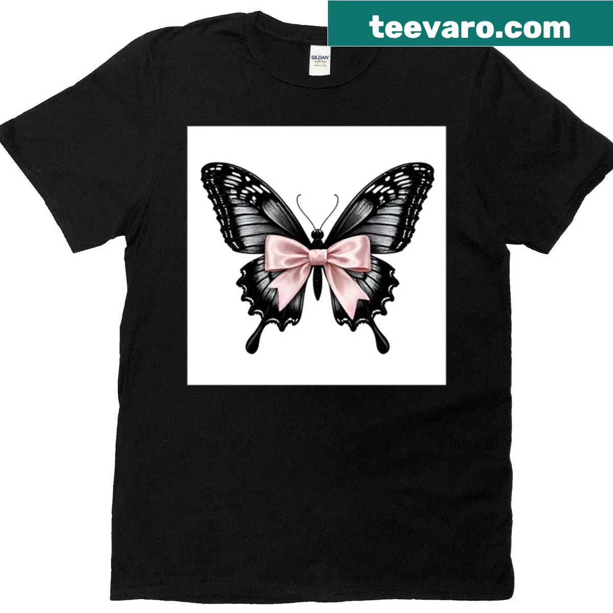 T-shirt with a gothic butterfly illustration and pink bow in dark academia style — on a men's t-shirt