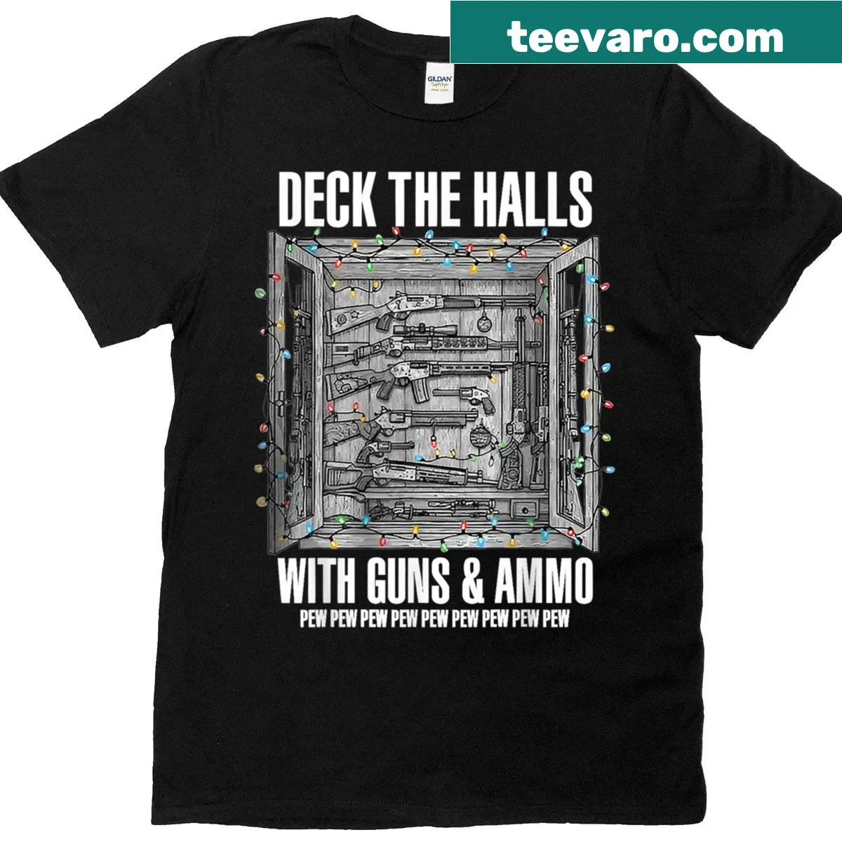Funny Christmas t-shirt with guns and ammo graphic illustration — on a men's t-shirt