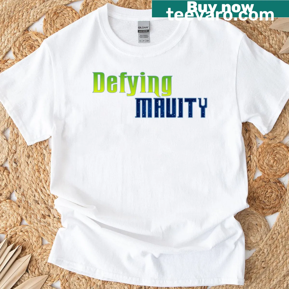 Illustrative T-shirt featuring whimsical 'Defy Mavity' design — on a men's t-shirt