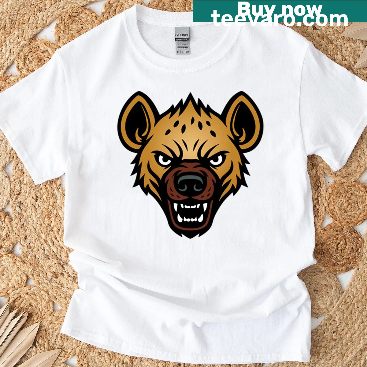 Realistic illustration of a hyena's head on a T-shirt — on a men's t-shirt