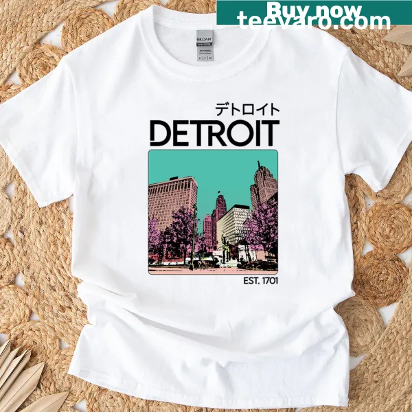Vintage-style T-shirt featuring a graphic of iconic Detroit landmarks.