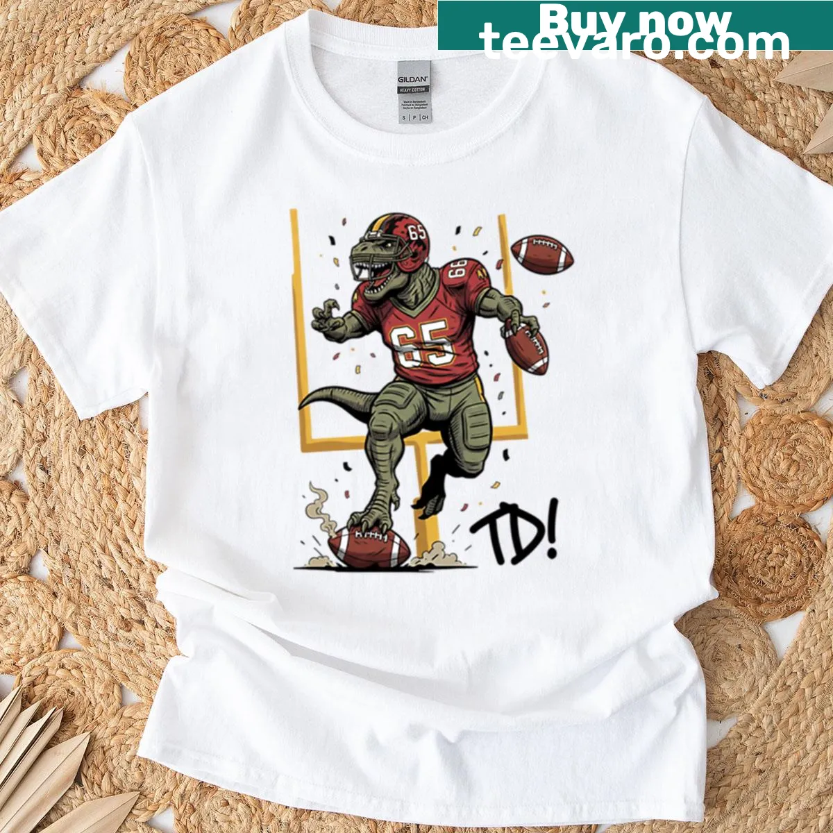 Cartoon raptor in football gear on a T-shirt — on a men's t-shirt