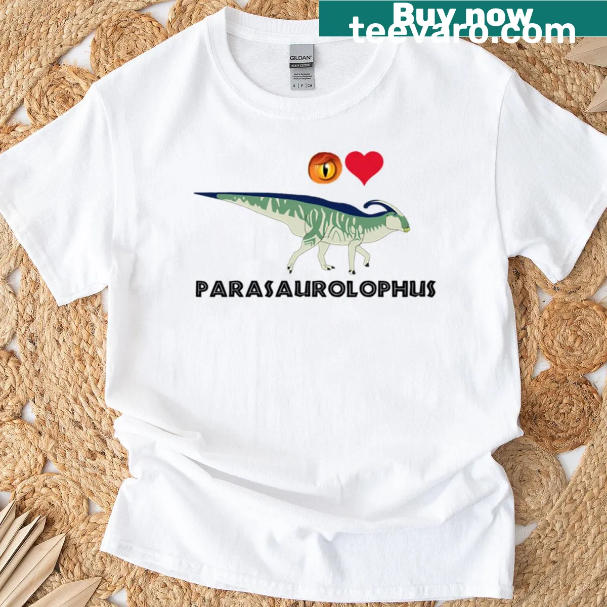 Playful graphic of a Parasaurolophus dinosaur — on a men's t-shirt