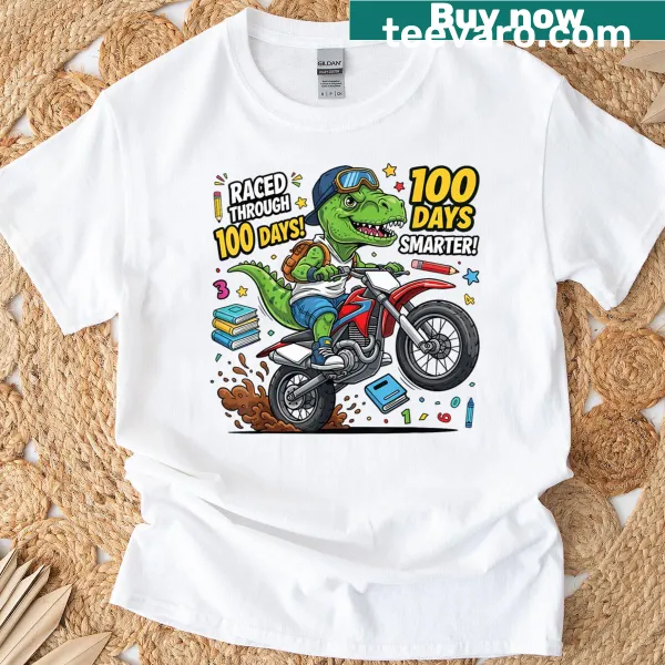 Dinosaur on a dirt bike celebrating 100 days of school