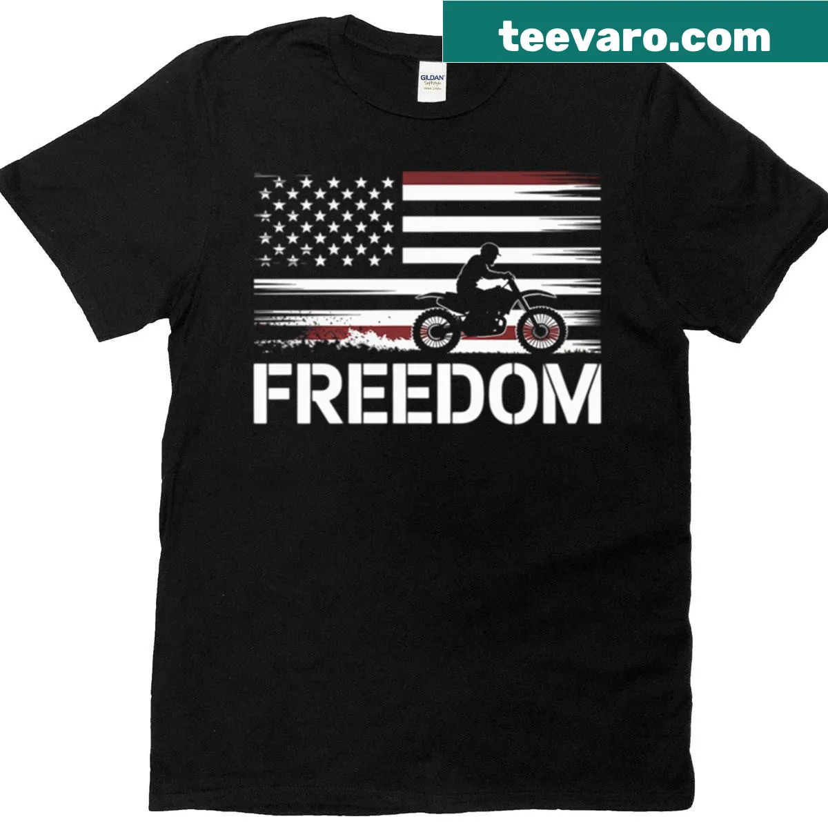 Graphic T-shirt featuring a dirt bike riding motif — on a men's t-shirt