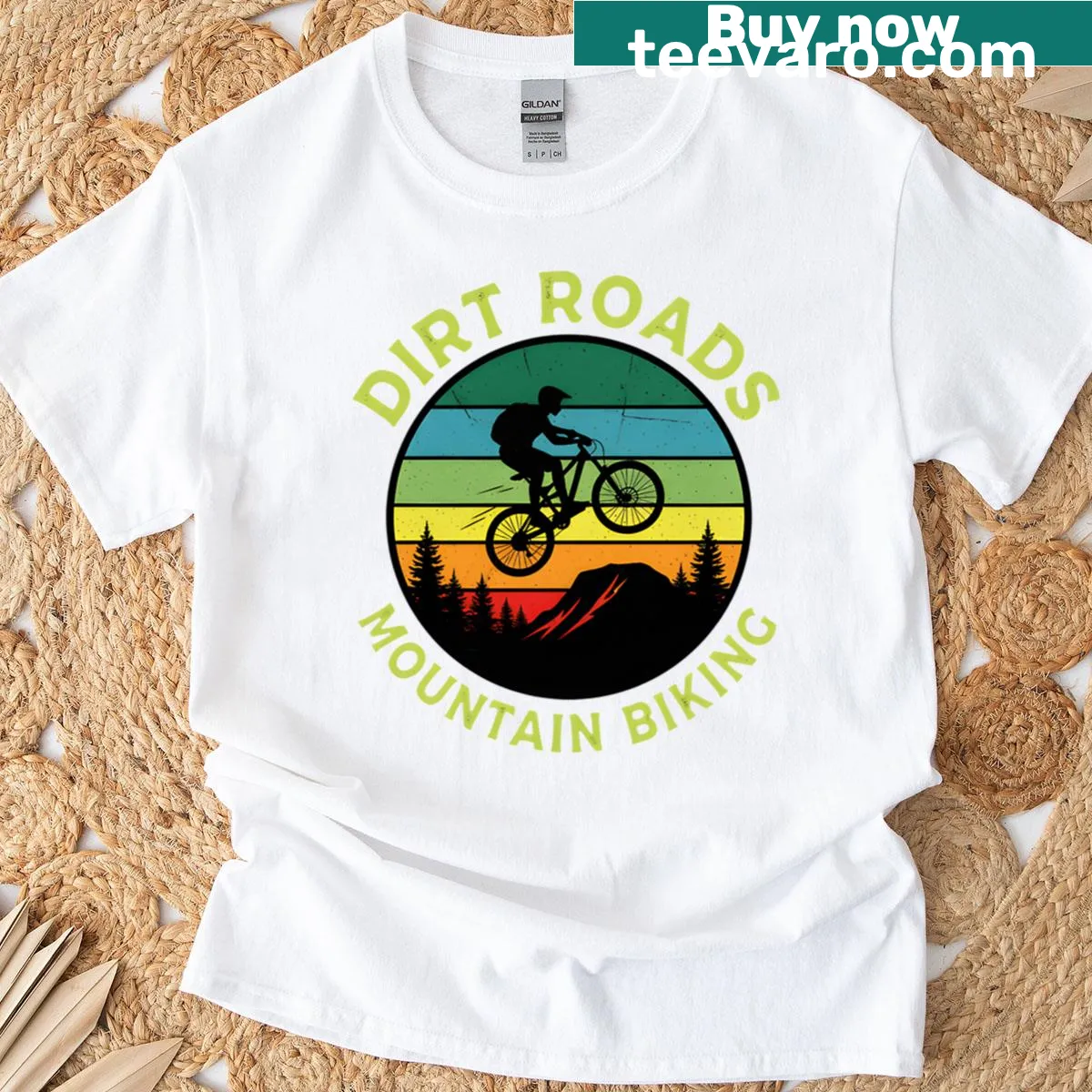 Mountain biking T-shirt featuring dirt roads and adventure cycling design — on a men's t-shirt