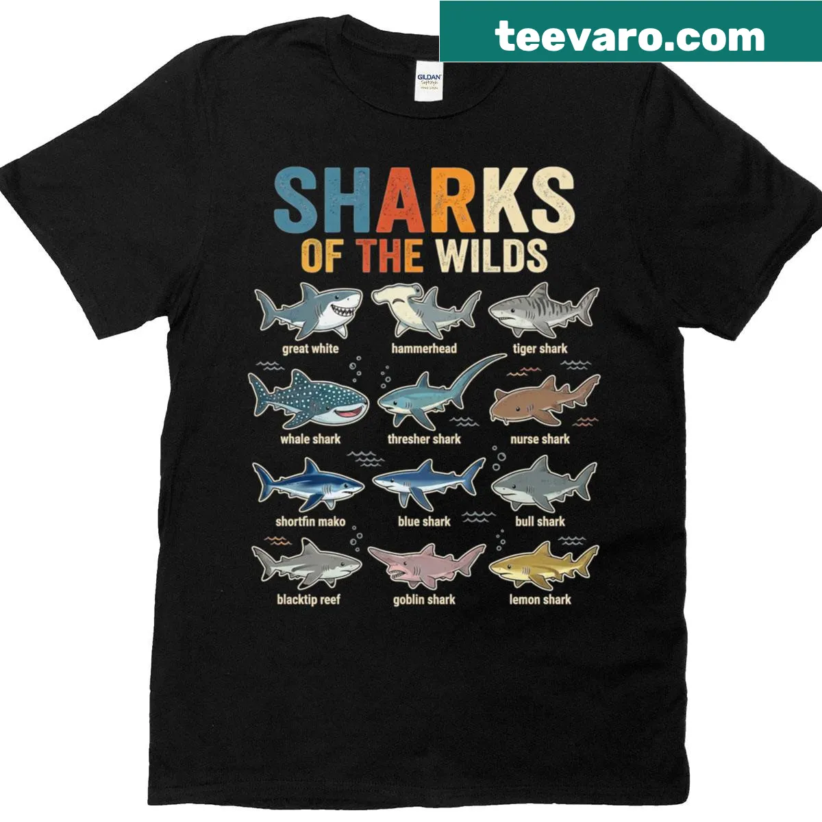 Educational shark-themed ocean life T-shirt — on a men's t-shirt