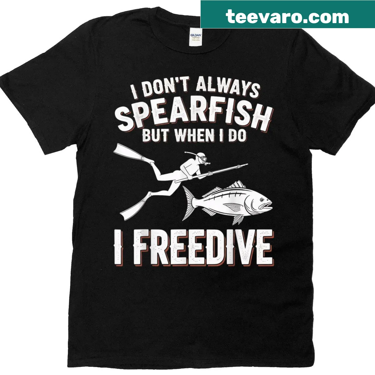 Humorous fishing-themed T-shirt with the phrase 'Don't Always Spearfish' — on a men's t-shirt