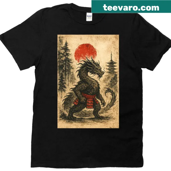 Dragon and samurai graphic T-shirt inspired by Ukiyo-e art
