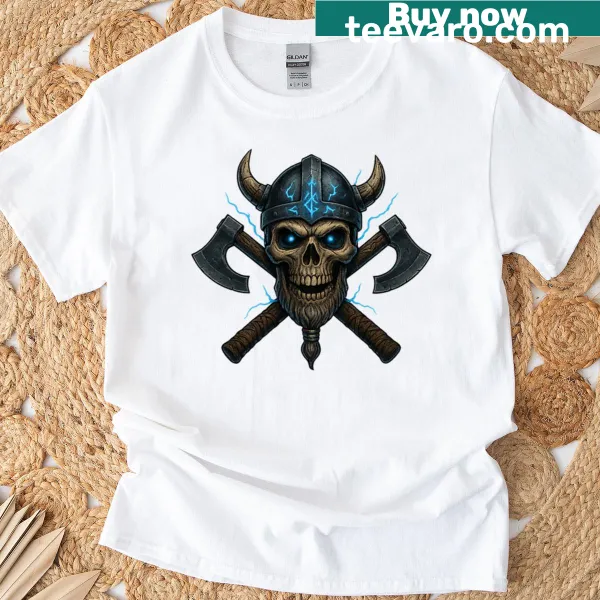 Electric Viking warlord with skulls and axes in illustration