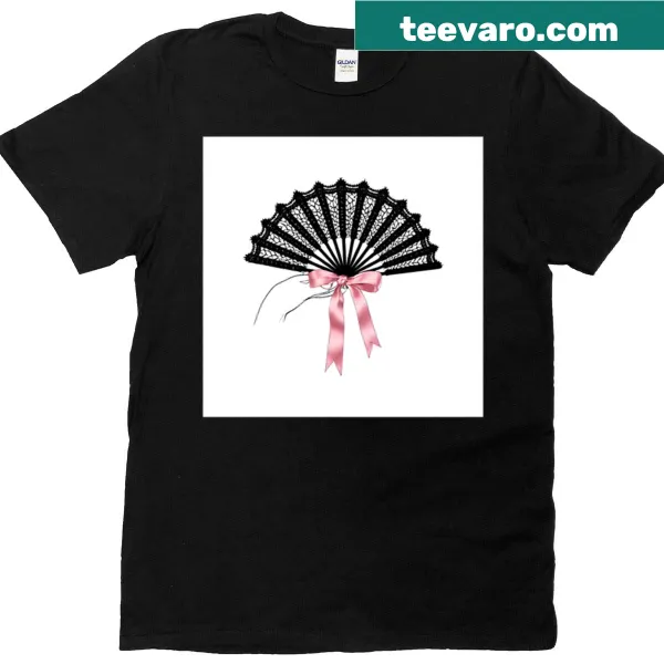 Elegant t-shirt featuring black lace fan illustration with pink ribbon