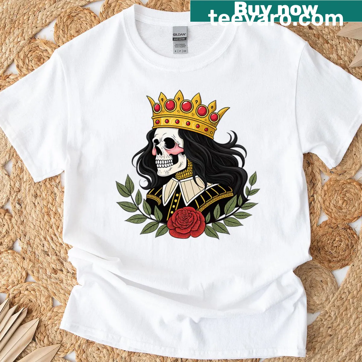 Elegant skeleton queen with crown and flowers graphic T-shirt — on a men's t-shirt