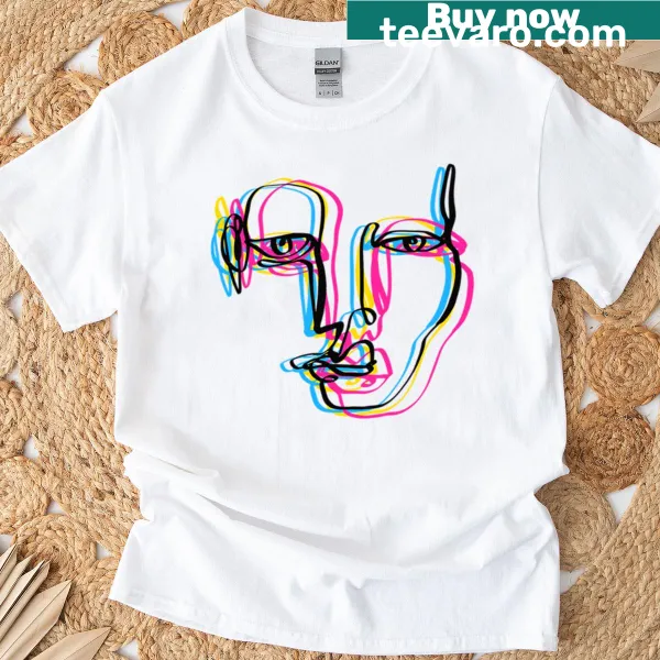 Graphic t-shirt featuring a humorous artistic facial design.