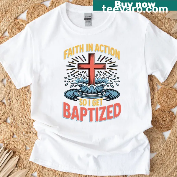 Illustrated baptism-themed t-shirt with a Christian message