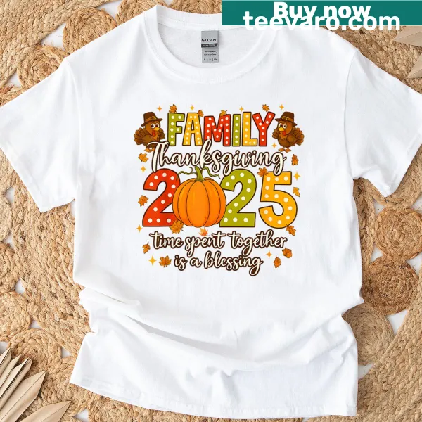 Thanksgiving T-shirt with turkey and pumpkin illustration for family gatherings